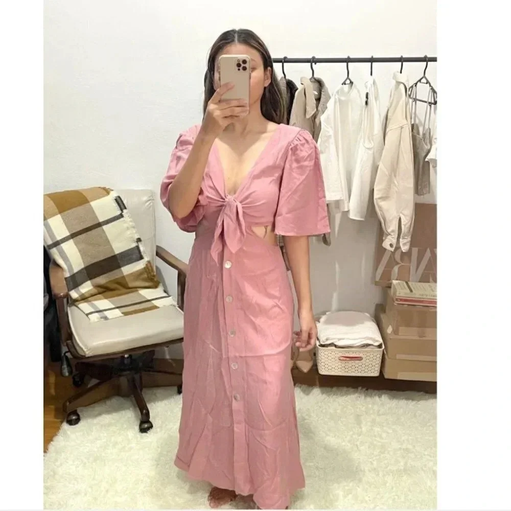 Zara Tie Bow Front Cut Out Midi Dress Light Pink NWT Size XL - Picture 4 of 10